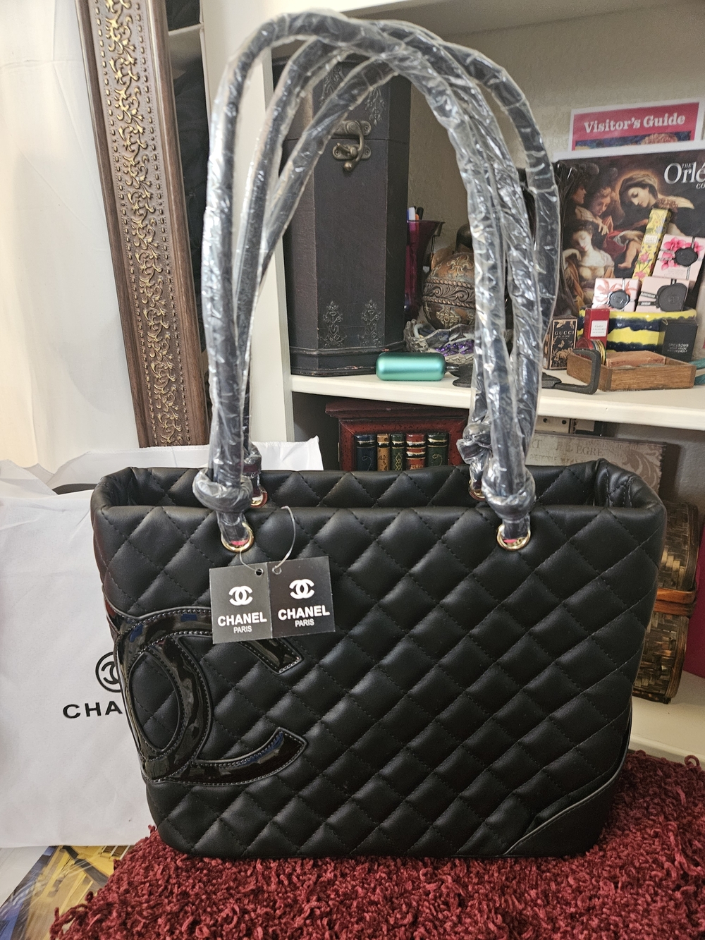 Black Quilted Tote with Patent Logo Accent